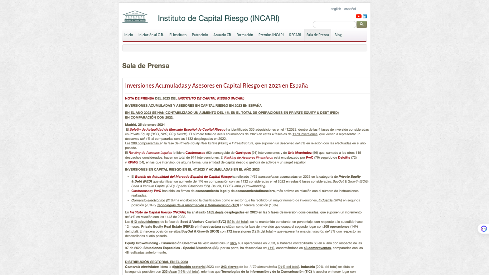 Inversiones Acumuladas y Asesores en Capital Riesgo en 2023 en España